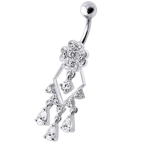 925 Sterling Silver Dangling Jeweled Designer Banana Bar Belly Ring - Monster Piercing