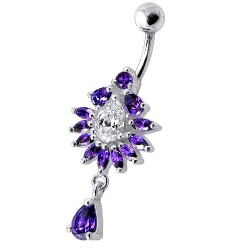 Silver Fancy Dangling  Studded Jeweled Belly Ring - Monster Piercing