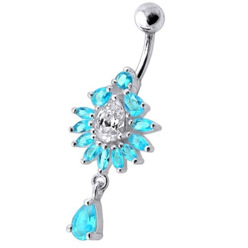 Silver Fancy Dangling  Studded Jeweled Belly Ring - Monster Piercing