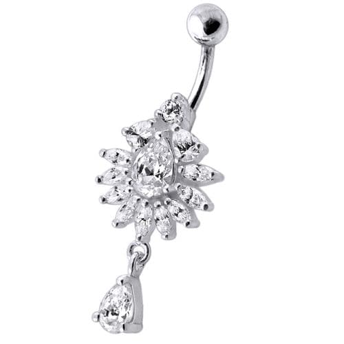 Silver Fancy Dangling  Studded Jeweled Belly Ring - Monster Piercing