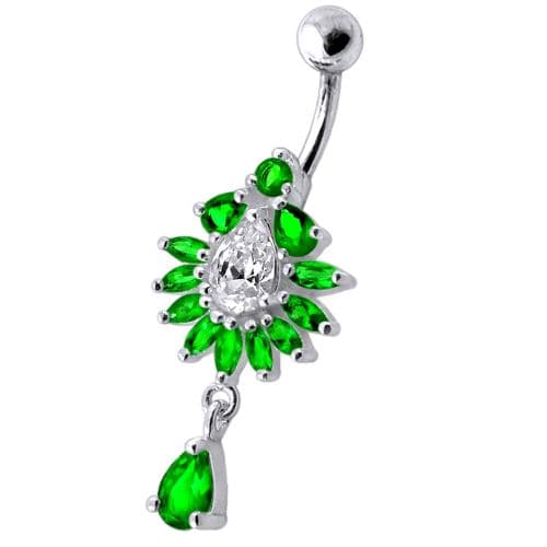 Silver Fancy Dangling  Studded Jeweled Belly Ring - Monster Piercing