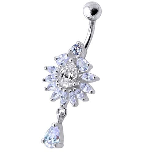 Silver Fancy Dangling  Studded Jeweled Belly Ring - Monster Piercing