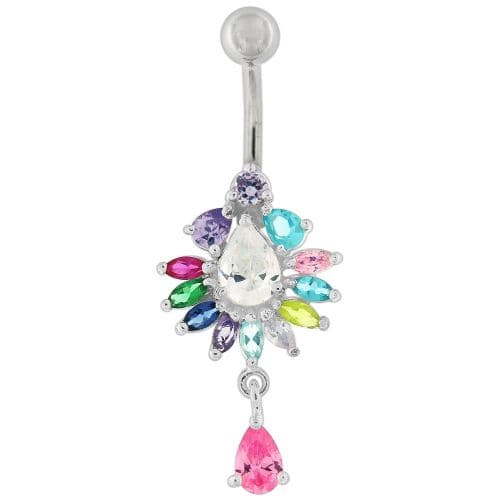 Silver Fancy Dangling  Studded Jeweled Belly Ring - Monster Piercing