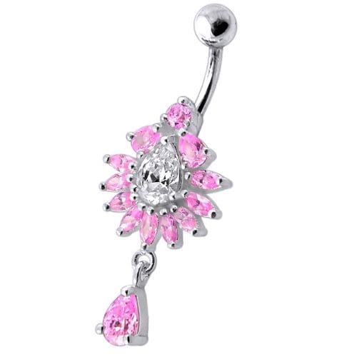 Silver Fancy Dangling  Studded Jeweled Belly Ring - Monster Piercing