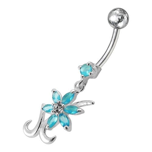 Silver Dangling  Jeweled Flower SS Bar Belly Ring Body Jewelry - Monster Piercing