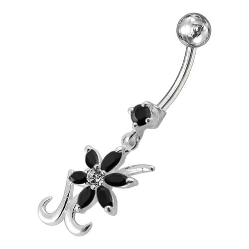 Silver Dangling  Jeweled Flower SS Bar Belly Ring Body Jewelry - Monster Piercing