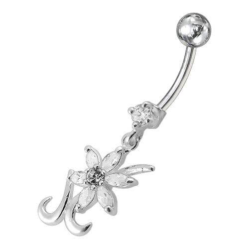 Silver Dangling  Jeweled Flower SS Bar Belly Ring Body Jewelry - Monster Piercing