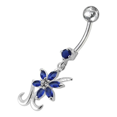 Silver Dangling  Jeweled Flower SS Bar Belly Ring Body Jewelry - Monster Piercing