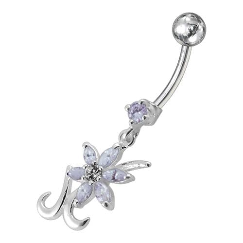 Silver Dangling  Jeweled Flower SS Bar Belly Ring Body Jewelry - Monster Piercing