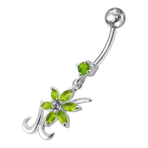 Silver Dangling  Jeweled Flower SS Bar Belly Ring Body Jewelry - Monster Piercing