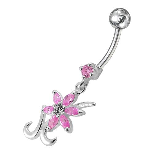 Silver Dangling  Jeweled Flower SS Bar Belly Ring Body Jewelry - Monster Piercing