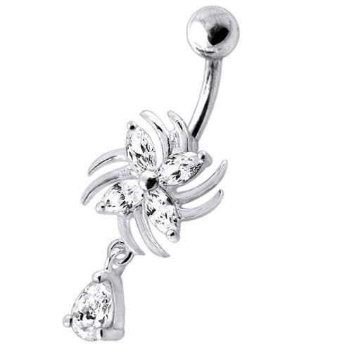 Sterling Silver Dangling Jeweled Flower SS Bar Navel Ring - Monster Piercing