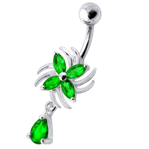 Sterling Silver Dangling Jeweled Flower SS Bar Navel Ring - Monster Piercing