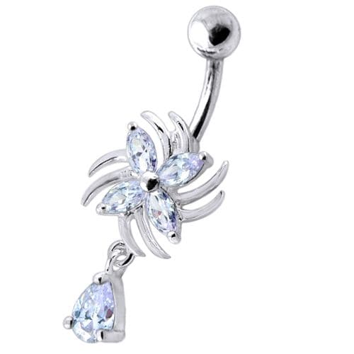 Sterling Silver Dangling Jeweled Flower SS Bar Navel Ring - Monster Piercing