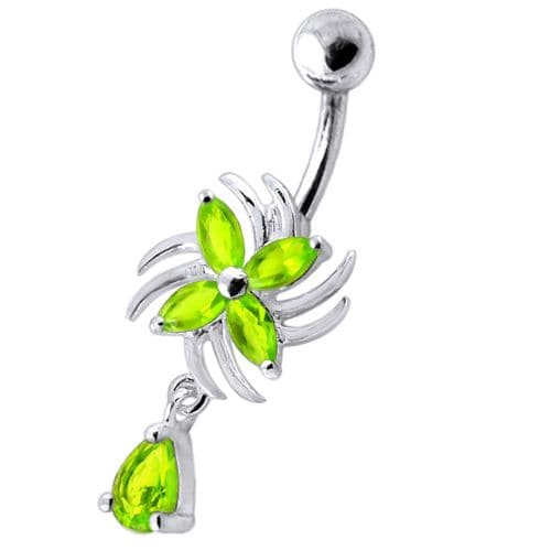 Sterling Silver Dangling Jeweled Flower SS Bar Navel Ring - Monster Piercing