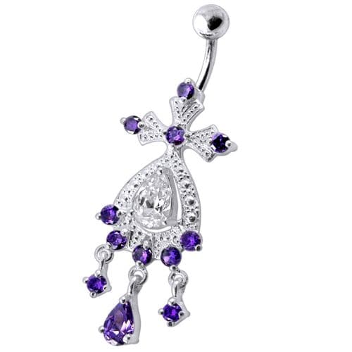 Silver White Chandeliers Dangling Jeweled Curved Bar Belly Ring - Monster Piercing