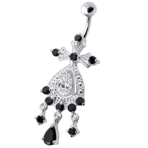 Silver White Chandeliers Dangling Jeweled Curved Bar Belly Ring - Monster Piercing