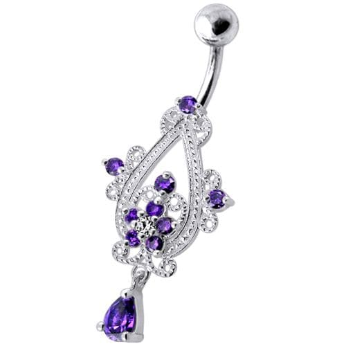 Sterling Silver Dangling Jeweled Banana Bar Navel Ring - Monster Piercing