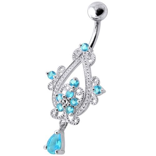 Sterling Silver Dangling Jeweled Banana Bar Navel Ring - Monster Piercing