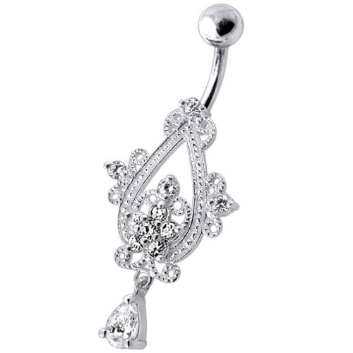 Sterling Silver Dangling Jeweled Banana Bar Navel Ring - Monster Piercing