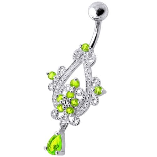 Sterling Silver Dangling Jeweled Banana Bar Navel Ring - Monster Piercing