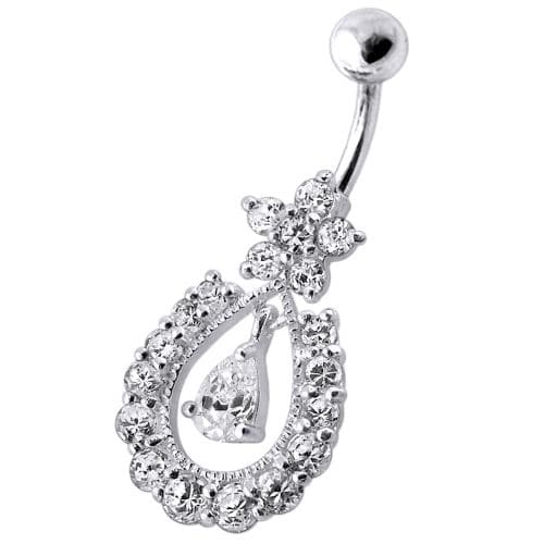 Dangling Pear Shape Jeweled Heart SS Bar Navel Ring - Monster Piercing