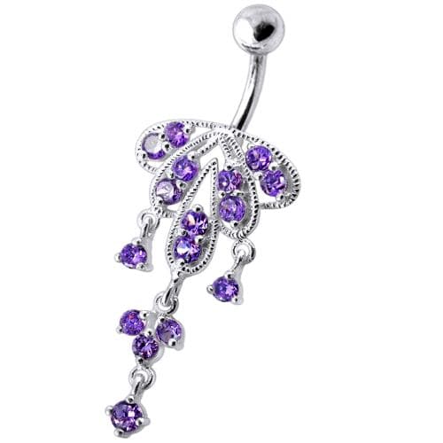 Dangling Jeweled Chandeliers SS Bar Belly Ring - Monster Piercing