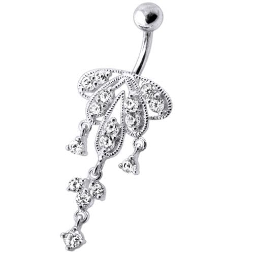 Dangling Jeweled Chandeliers SS Bar Belly Ring - Monster Piercing