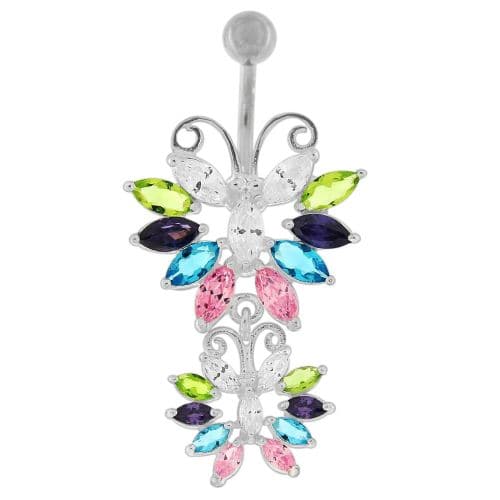 Sterling silver Twin Butterflys Dangling Belly Ring - Monster Piercing