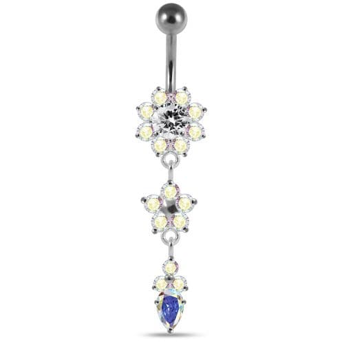 Jeweled Dangling Silver Flower With SS Curved Bar Navel Ring - Monster Piercing