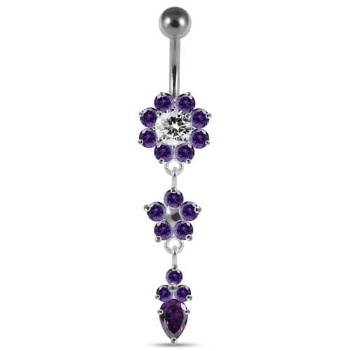 Jeweled Dangling Silver Flower With SS Curved Bar Navel Ring - Monster Piercing