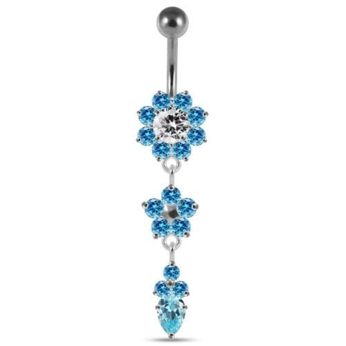 Jeweled Dangling Silver Flower With SS Curved Bar Navel Ring - Monster Piercing