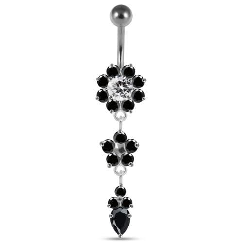 Jeweled Dangling Silver Flower With SS Curved Bar Navel Ring - Monster Piercing