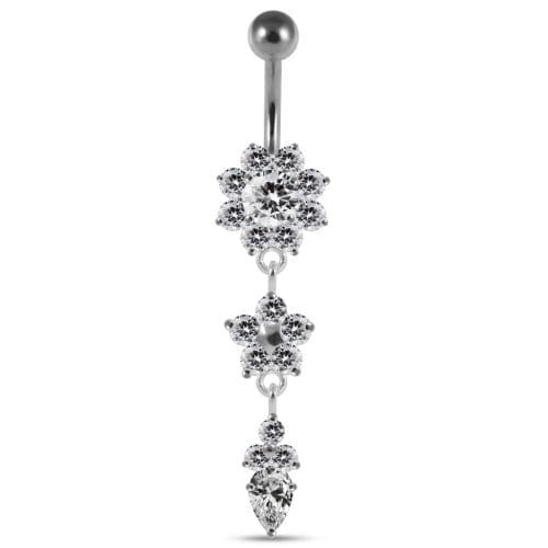 Jeweled Dangling Silver Flower With SS Curved Bar Navel Ring - Monster Piercing