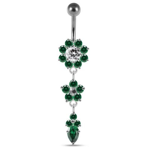 Jeweled Dangling Silver Flower With SS Curved Bar Navel Ring - Monster Piercing