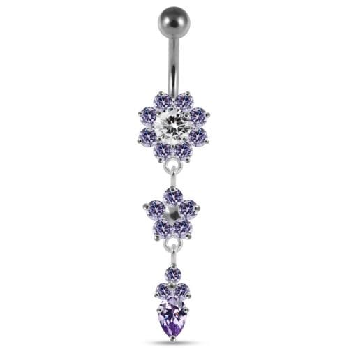 Jeweled Dangling Silver Flower With SS Curved Bar Navel Ring - Monster Piercing