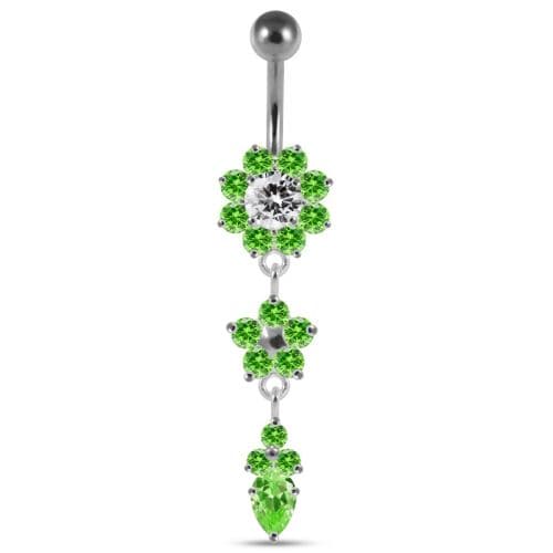 Jeweled Dangling Silver Flower With SS Curved Bar Navel Ring - Monster Piercing