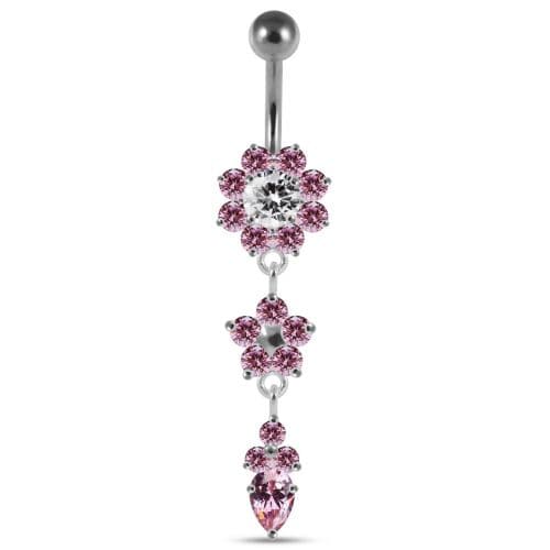 Jeweled Dangling Silver Flower With SS Curved Bar Navel Ring - Monster Piercing