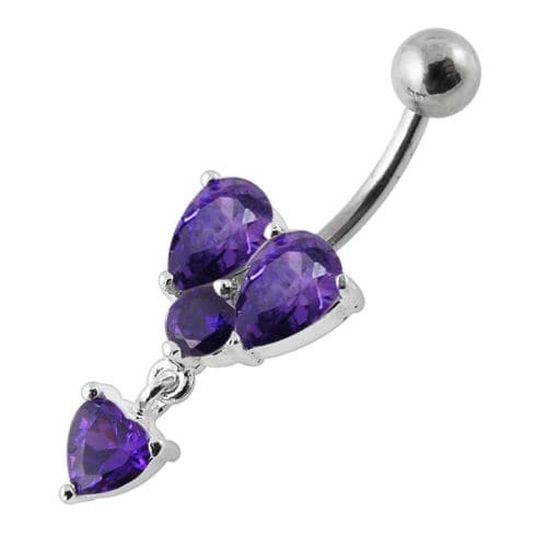 Dangling Jeweled Heart Shape Setting Banana Bar Navel Ring - Monster Piercing