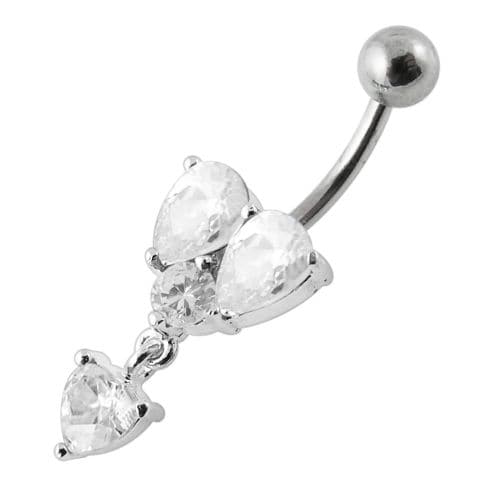 Dangling Jeweled Heart Shape Setting Banana Bar Navel Ring - Monster Piercing