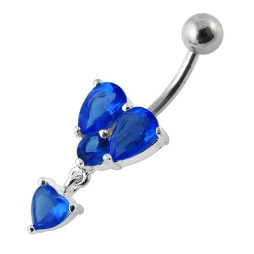 Dangling Jeweled Heart Shape Setting Banana Bar Navel Ring - Monster Piercing