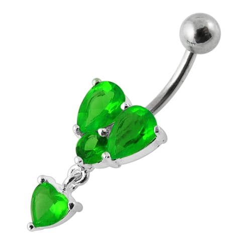 Dangling Jeweled Heart Shape Setting Banana Bar Navel Ring - Monster Piercing