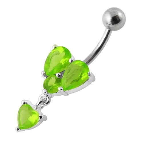 Dangling Jeweled Heart Shape Setting Banana Bar Navel Ring - Monster Piercing