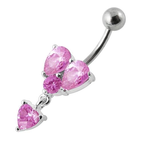 Dangling Jeweled Heart Shape Setting Banana Bar Navel Ring - Monster Piercing