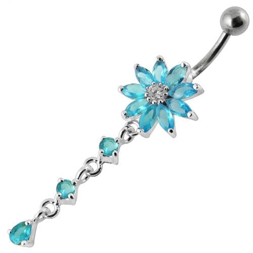 Flower Dangling Jeweled Curved Bar Belly Ring - Monster Piercing