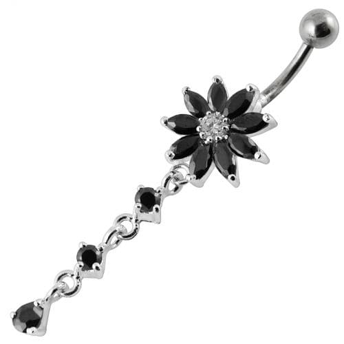 Flower Dangling Jeweled Curved Bar Belly Ring - Monster Piercing