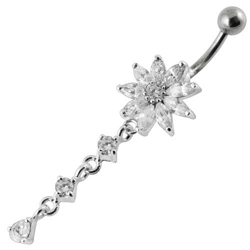 Flower Dangling Jeweled Curved Bar Belly Ring - Monster Piercing