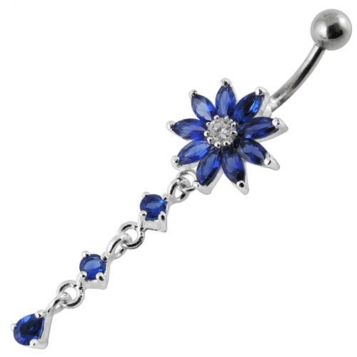 Flower Dangling Jeweled Curved Bar Belly Ring - Monster Piercing