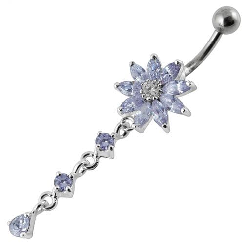 Flower Dangling Jeweled Curved Bar Belly Ring - Monster Piercing