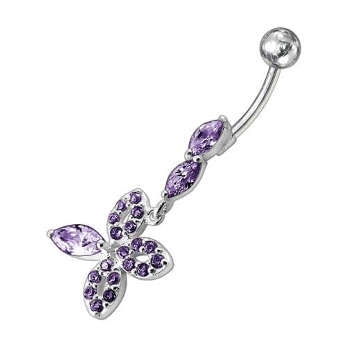 Fancy Silver Dangling Jeweled SS Curved Belly Ring - Monster Piercing